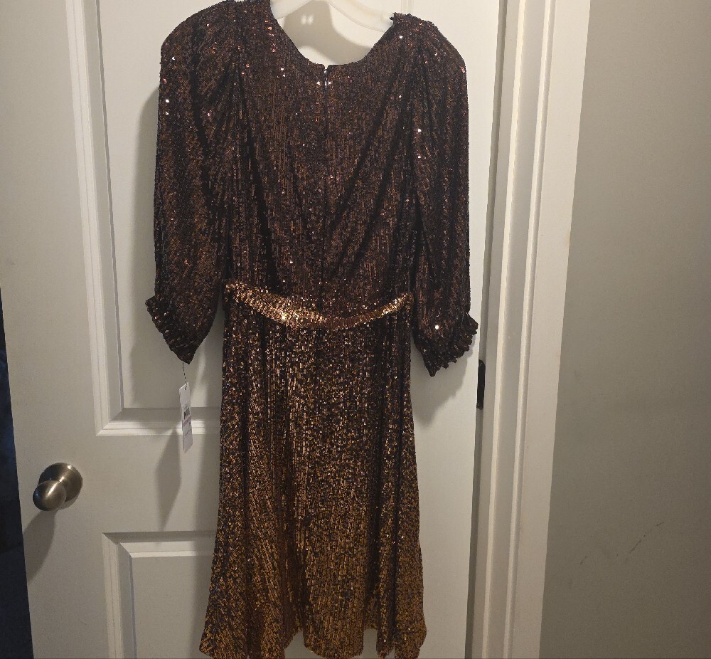 DKNY Two-Tone Bronze Sequin Wrap Midi Dress - Picture 13 of 16